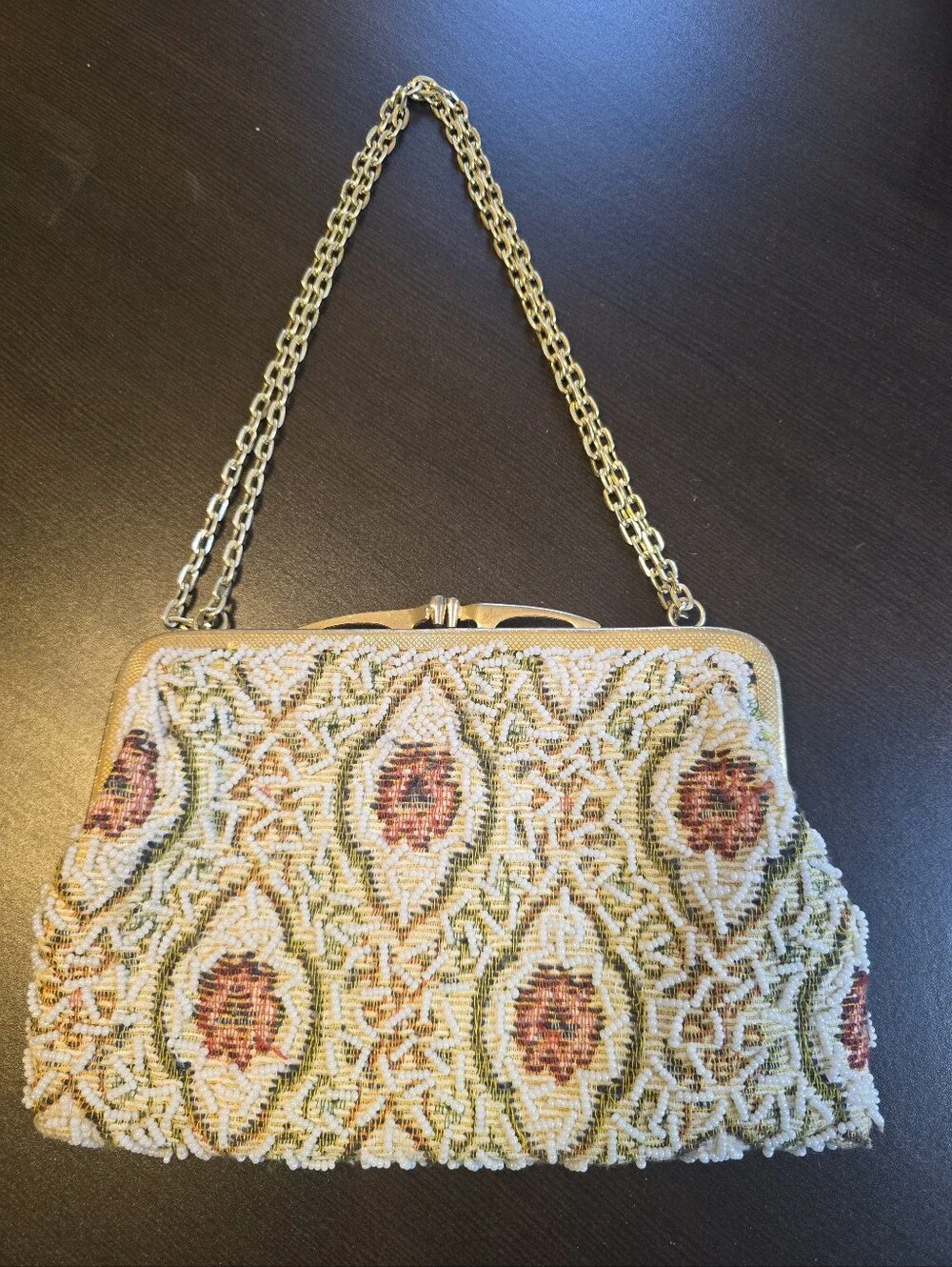 Vintage Clutch Shoulder Purse Bag Made In Hong Kong Tan Burgundy Beaded